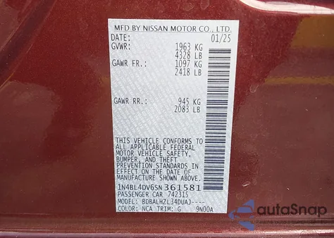 2025 Nissan Altima Sv Fwd from USA, damaged, VIN 1N4BL4DV6SN361581
